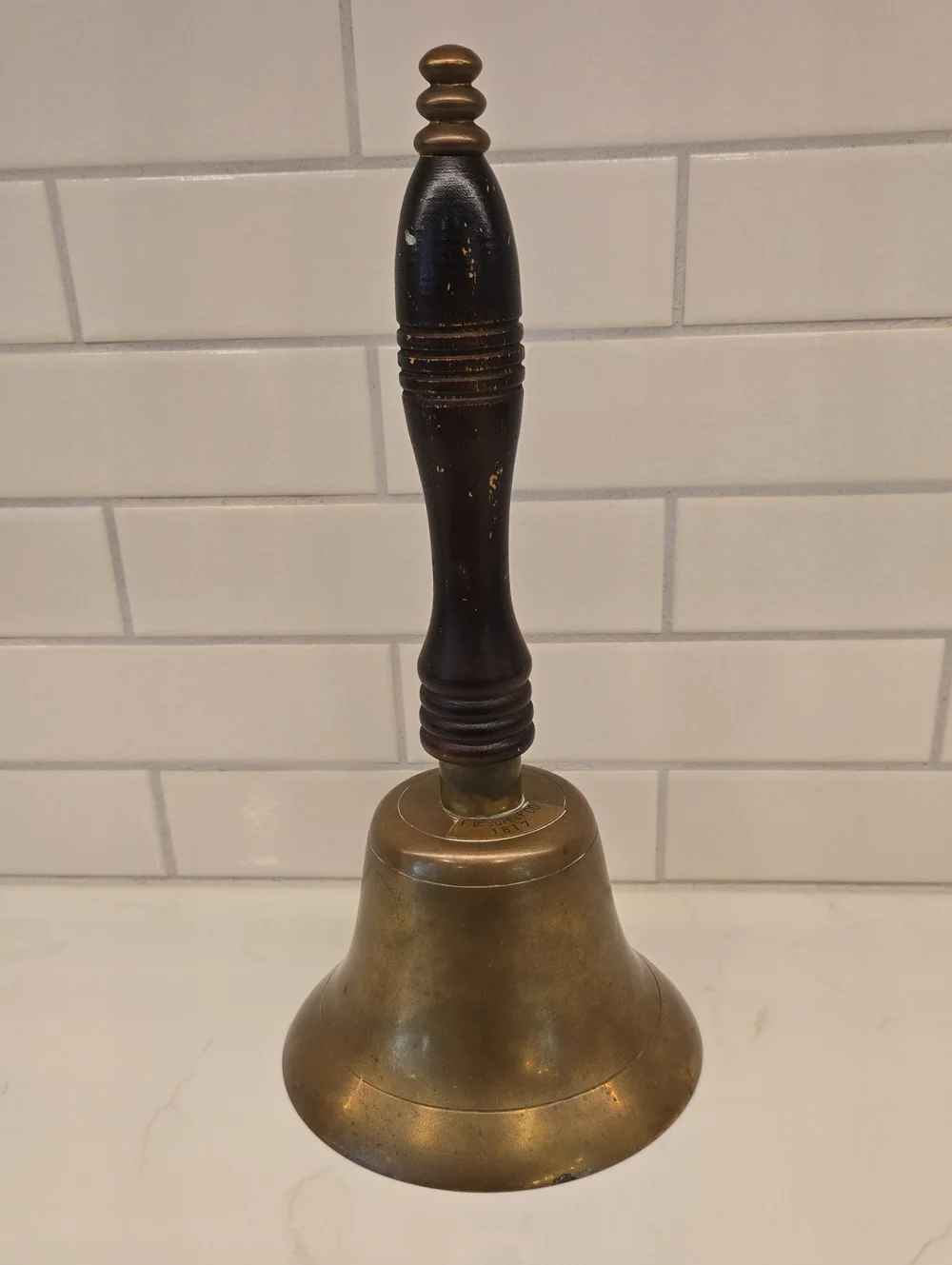 Vintage Brass Hand Bell with Dark Wood Handle